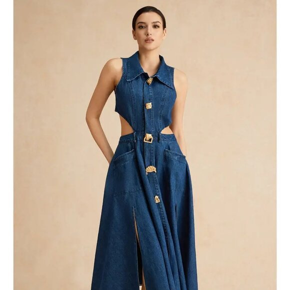 Cutout Waist Slit Hem Sleeveless Denim Dress - Picture 2 of 8